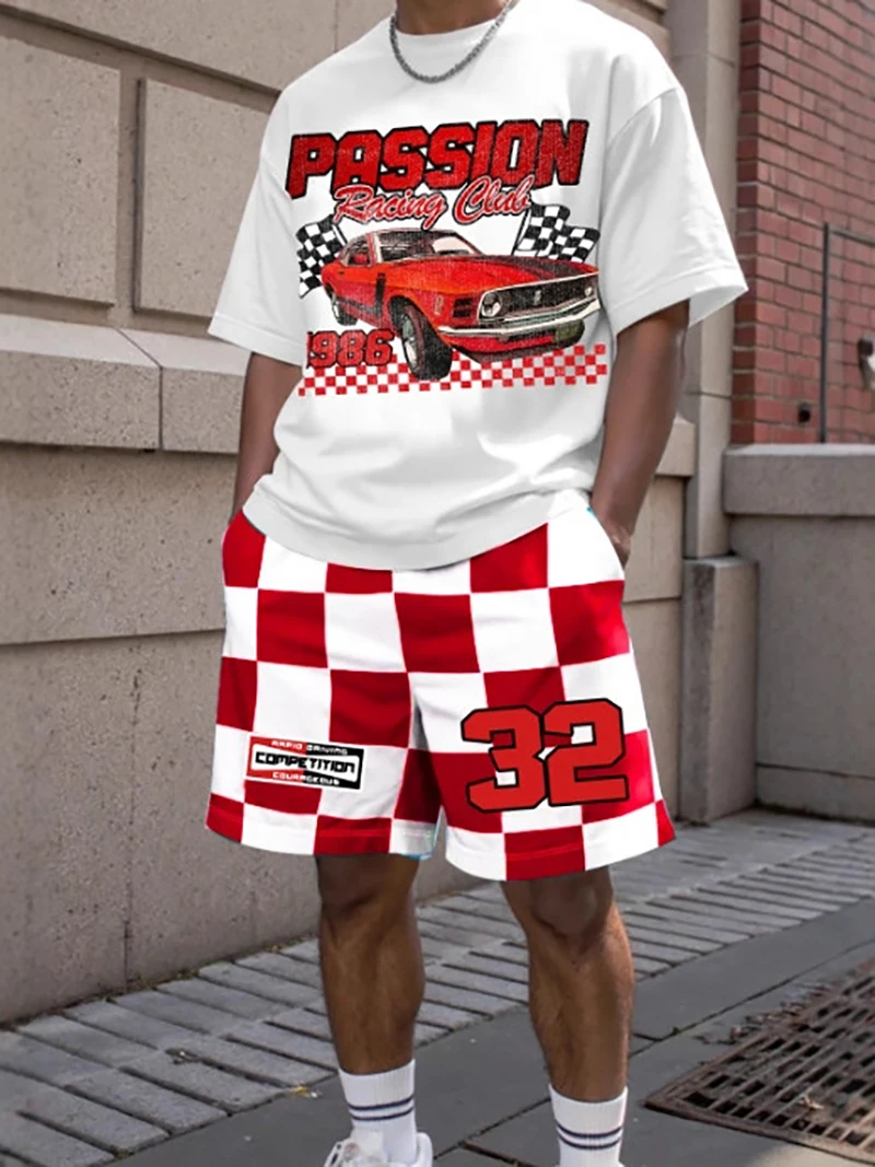 

Men's Summer Racing-Themed Outfit White Passion Racing Club Printed T-Shirt Red and White Checkered Shorts Size 32 Trendy Street Two-Piece Set