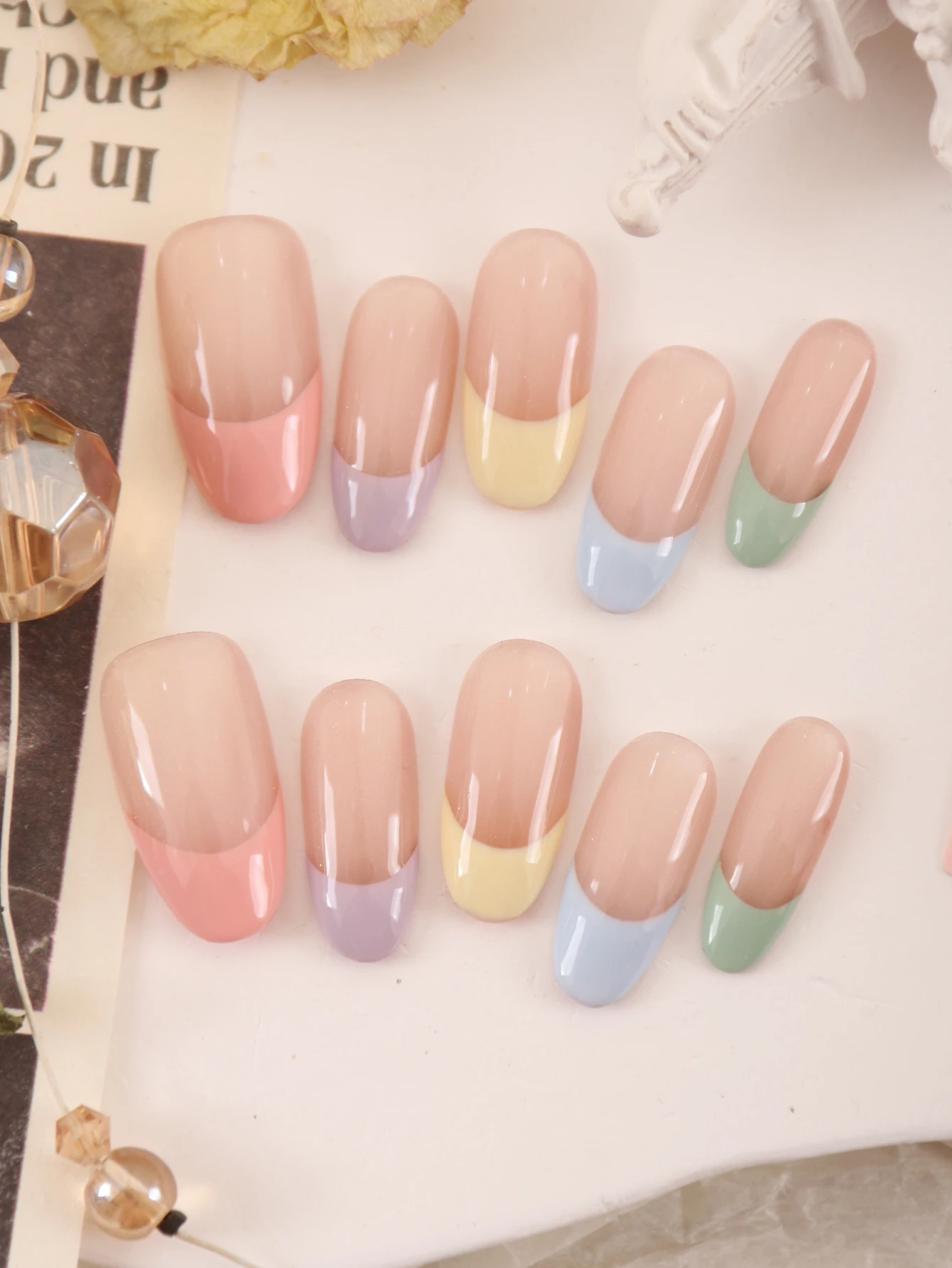 

10Pcs Press on Nails French Style Rainbow Colors Cat's Eye Includes 1Sheet Adhesive Tabs &1 Pc Mini File Nail Art DIY