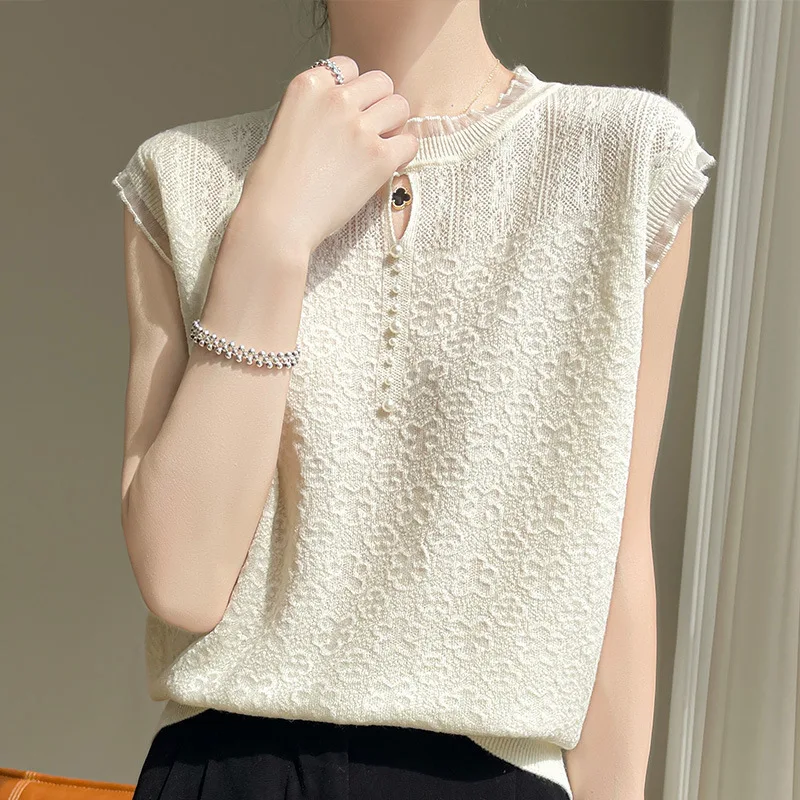 Sweet Gentle Women's Worsted Wool Top French Lace Pearl Pullover Knitting Inner Printed Vest