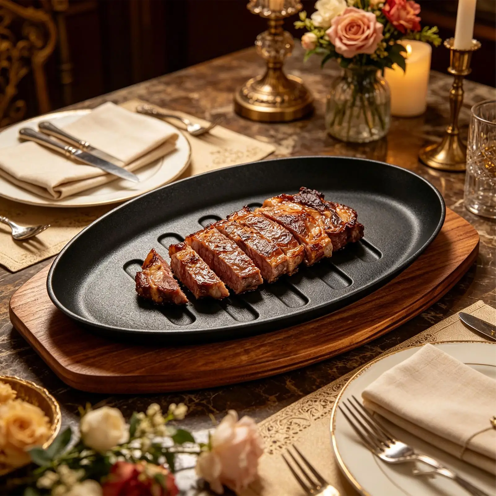 Cast Iron Oval  Shape Restaurant Barbecue Plate Steak Sizzling Hot Pan Plate with Wooden Base Teppanyaki Grilled Fish Tray