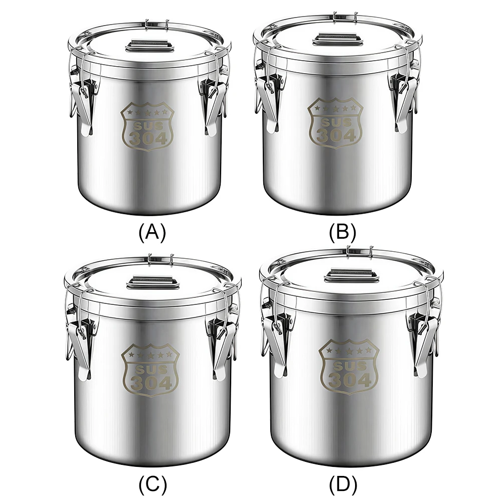 6/12/21/33L 304 Stainless Steel Food Storage Container with Seal Lid Food Oil Sugar Milk Storage Bucket for Household Kitchen
