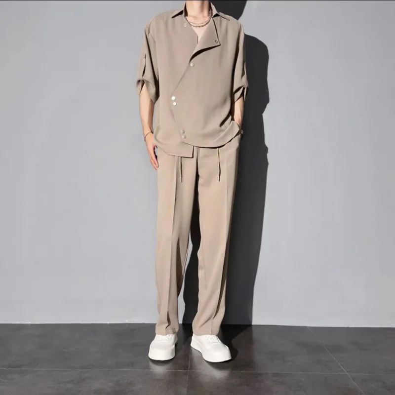 Spring and summer high-end casual fashion shirt light luxury 2-piece set asymmetrical irregular set for men