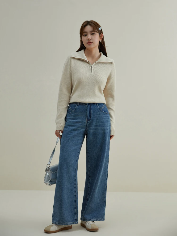 DUSHU Casual High-waisted Wide-leg Pants Loose Drape Jeans for Women Winter New Style Commuter Style All-match Jeans Female