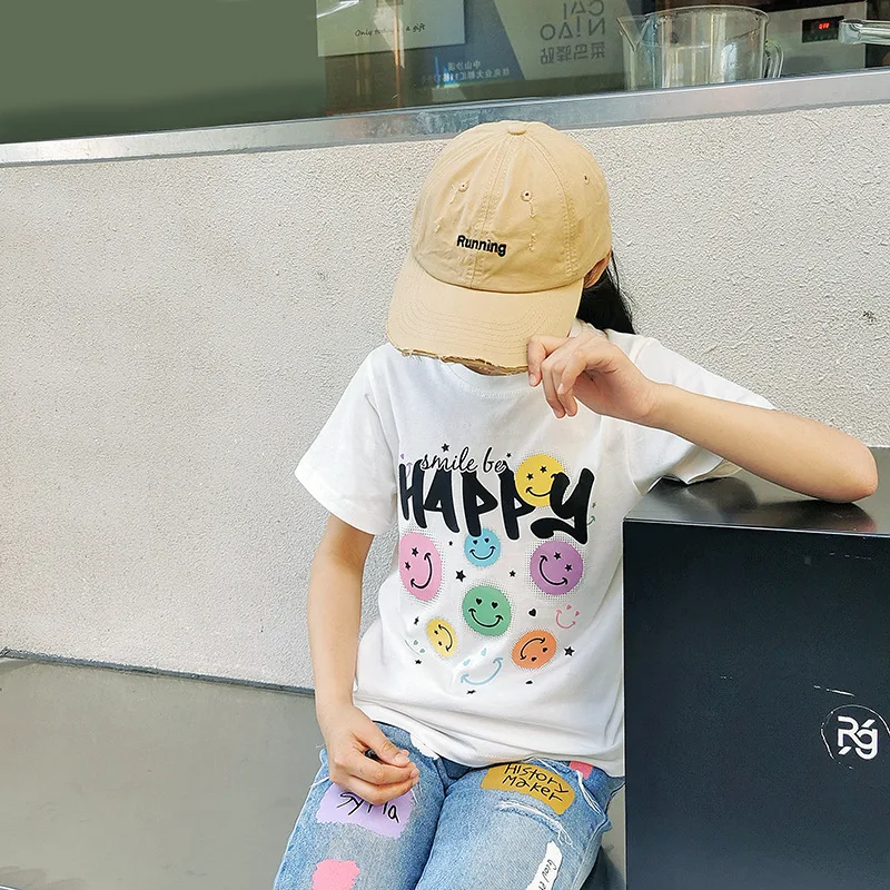 Kids Cotton T Shirt Gym Short Sleeve Tees Smiley Face Half Sleeve Girls Baby T-Shirt Children Korean Style Tee Boys Clothes
