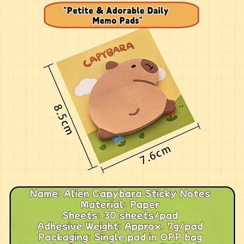 Cartoon Capybara Self-Adhesive Notes 30 Sheets for School Office Home Reminders