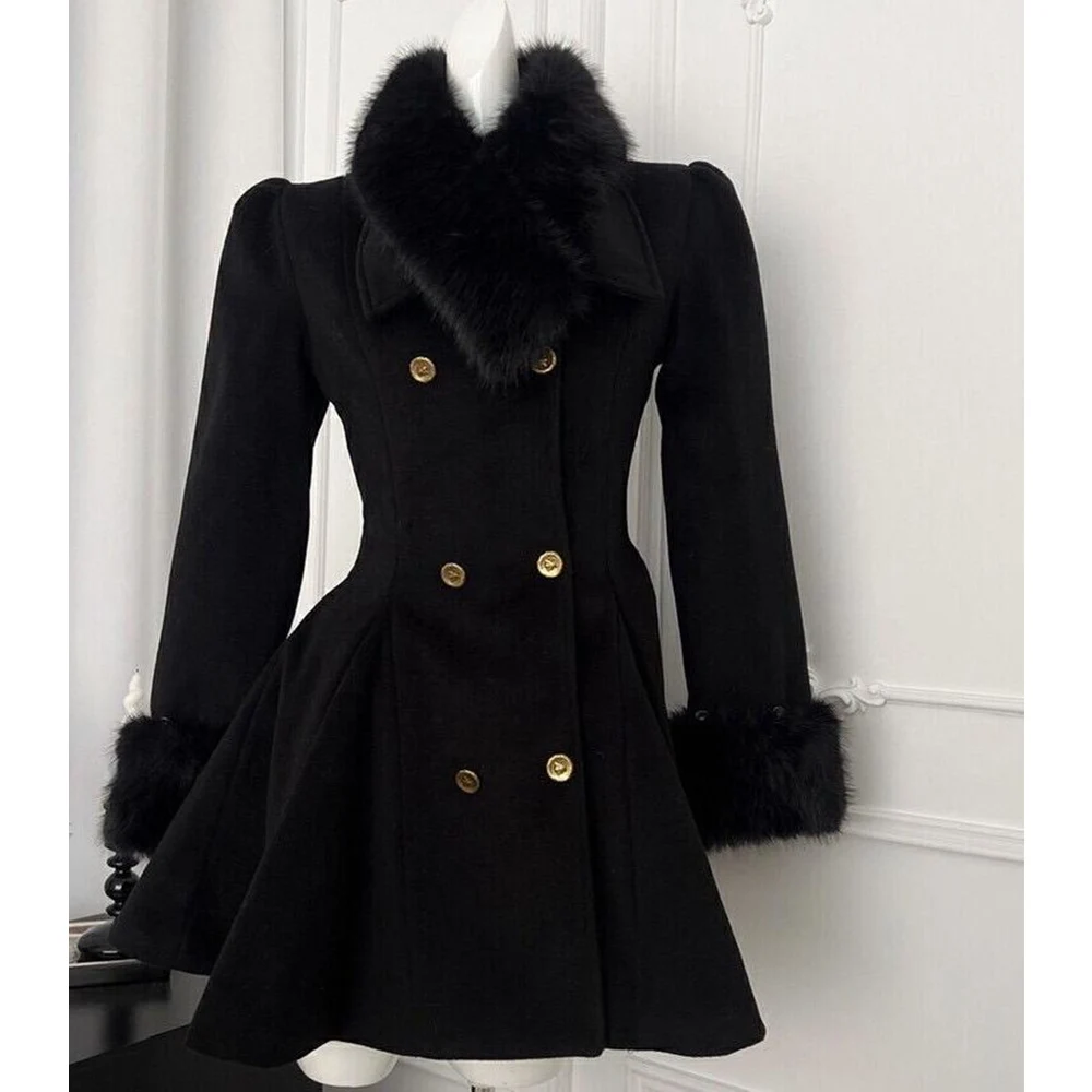 Abrigo negro estilo Hepburn de invierno con cuello de piel sintética, prendas de vestir exteriores gruesas de longitud media ajustadas Vintage, trajes cálidos elegantes de Lolita 2025