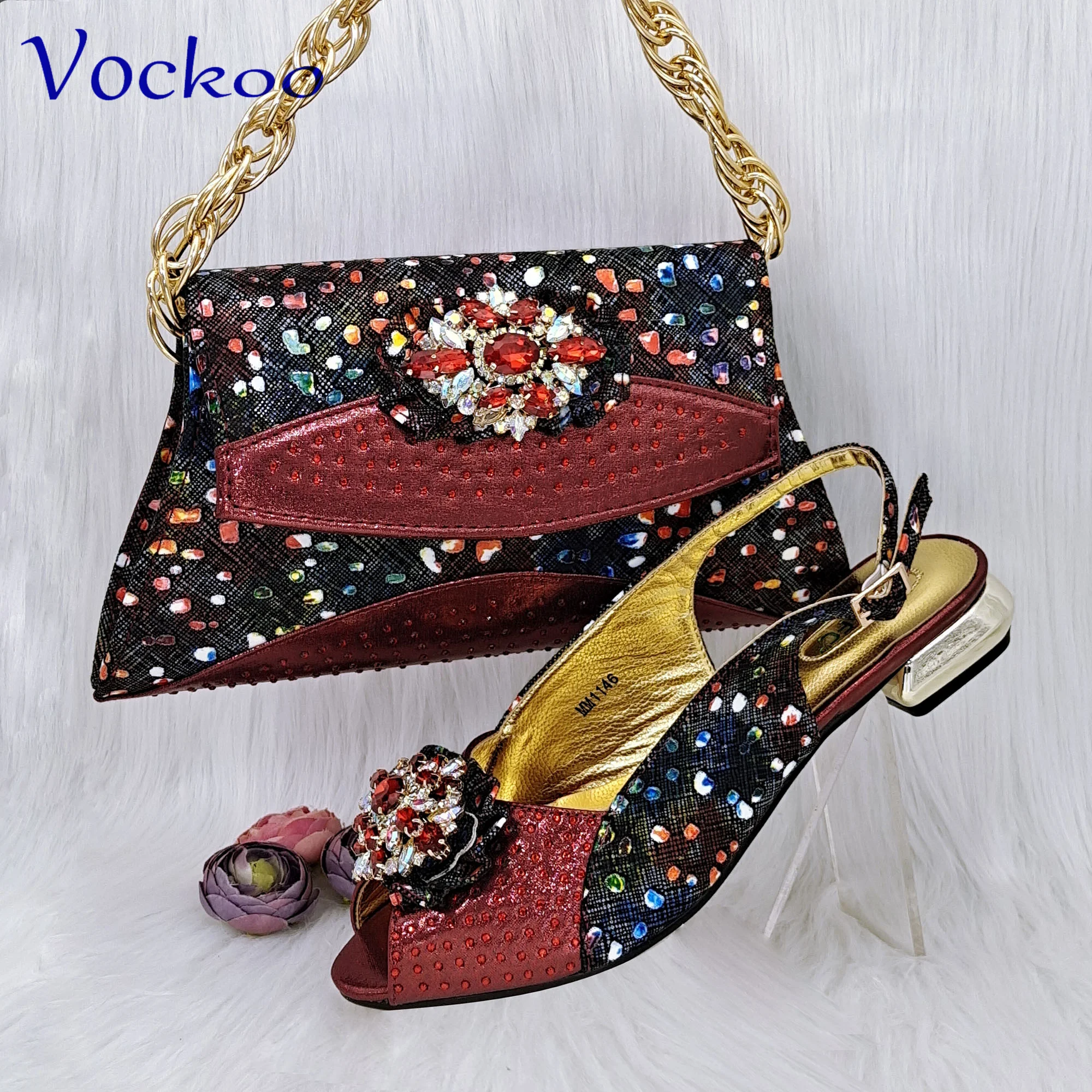 2023 African Women Shoes Matching Bag Set with Shinning Crystal with Square Heels Mature New Coming for Garden Party in Silver C