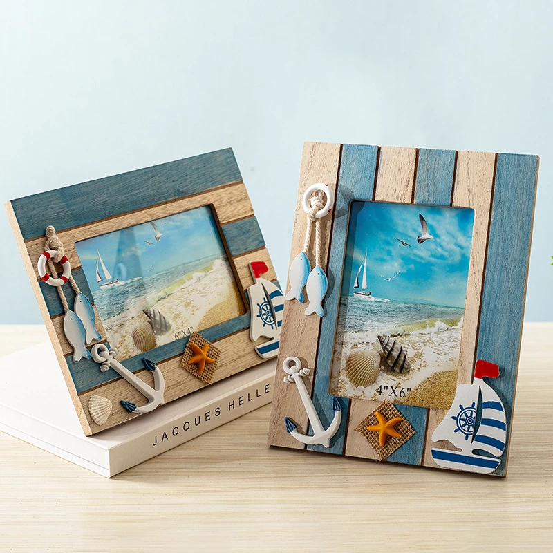 Wooden Photo Frame Mediterranean Style Decorative Ornaments Craft Six-inch Photo Frame Home Desktop Decor Picture Frame Gift