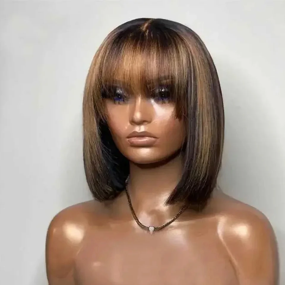 

Brown Highlight Put On 100% Human Hair and Go Realistic Yaki Straight Short Bob with Bangs Minimalist Lace Human Hair Wig