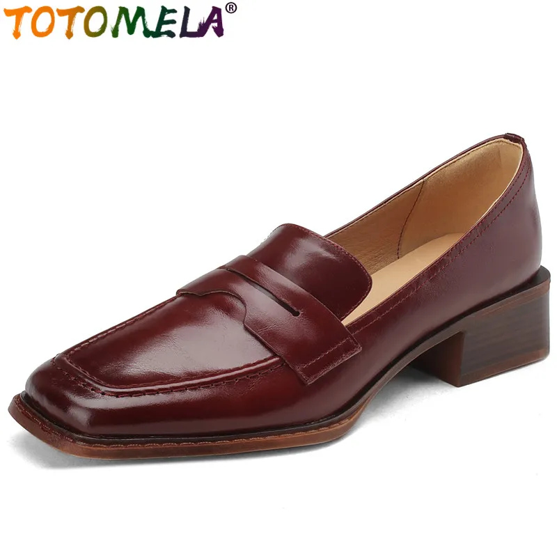 

TOTOMELA 2024 New Office Ladies Slip On Loafers Pumps Square Toe Genuine Leather Shoes Woman Vintage Square Med Heels Shoes