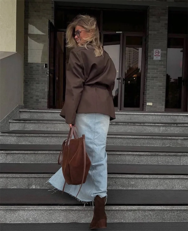 Autumn Women Suit 1 Piece Blazer Full Sleeves Jacket With Belt Brown Black Formal Office Lady Wedding Guest Evening Bridal Coat