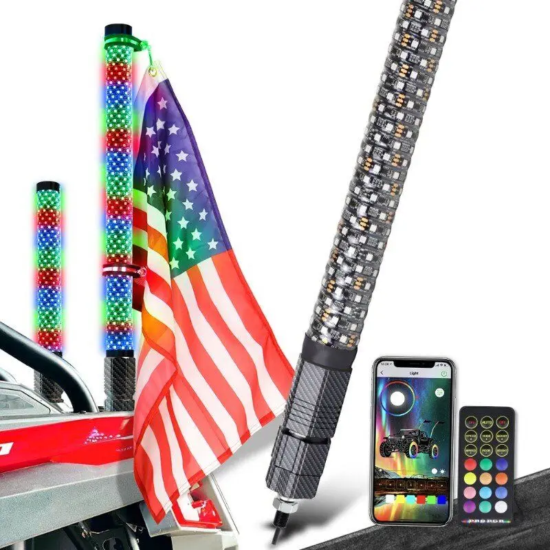 Waterproof Remote Control 1ft 2ft 3ft Rgb Chasing Fa t Led Whip Light for Off-road SUV ATV UTV Polaris RZR 4X4