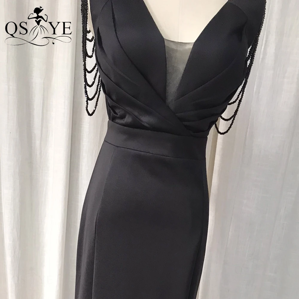 Ruched Black Prom Dresses Elastic Satin Beading Straps Formal Evening Gown V Back Sexy Split New Woman Elegant Party Dress Chic