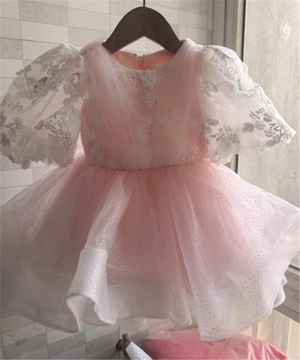 

Customized Pink Flower Girl Dresses For Wedding Full Sleeves Knee Length With Bow Kids Birthday Party First Communion Ball Gown