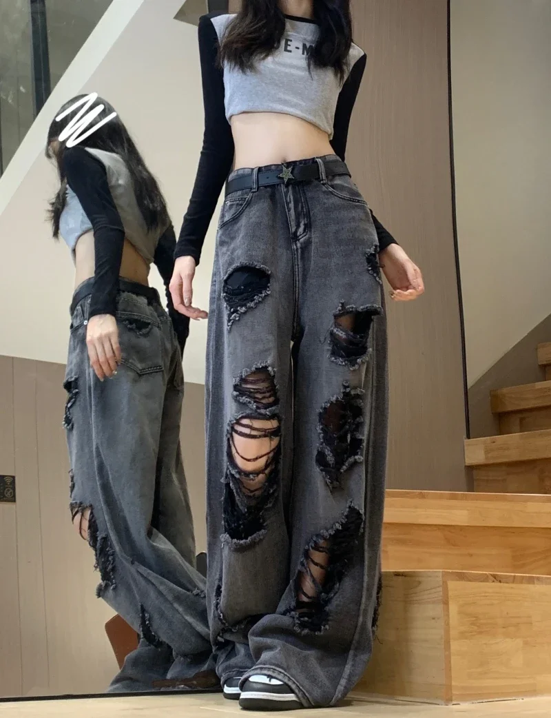 

Women Gray Black Jeans Denim Pant with Ripped Hole high waist y2k pants harajuku casual bf boyfriend loose straight cowboy jean