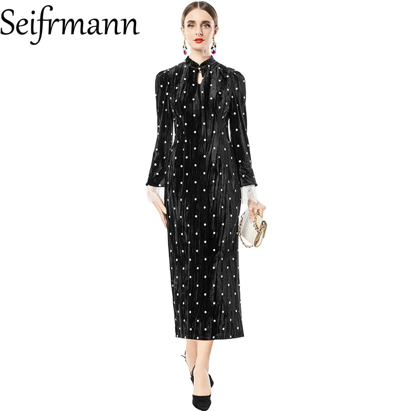 Seifrmann 2026 Spring Women's Clothing New Style Elegant Stand up Collar Long Sleeve Wave Point Waist Cheongsam Dress