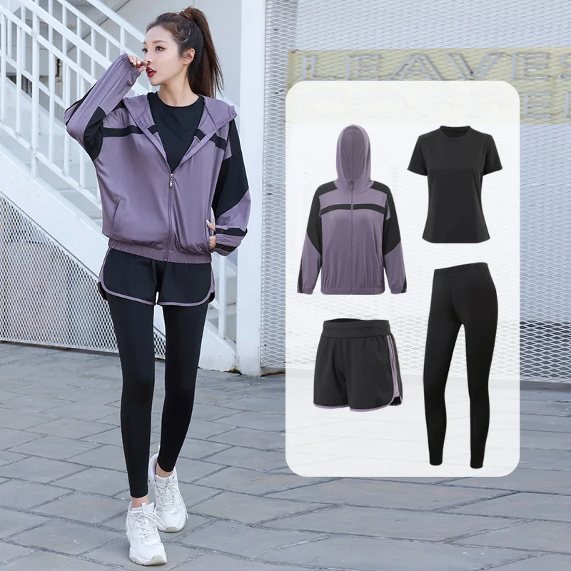 Conjunto deportivo de Yoga para mujer, ropa de entrenamiento para correr, abrigos, sujetador, camiseta, pantalones y pantalones cortos, chándal de gimnasio para Fitness