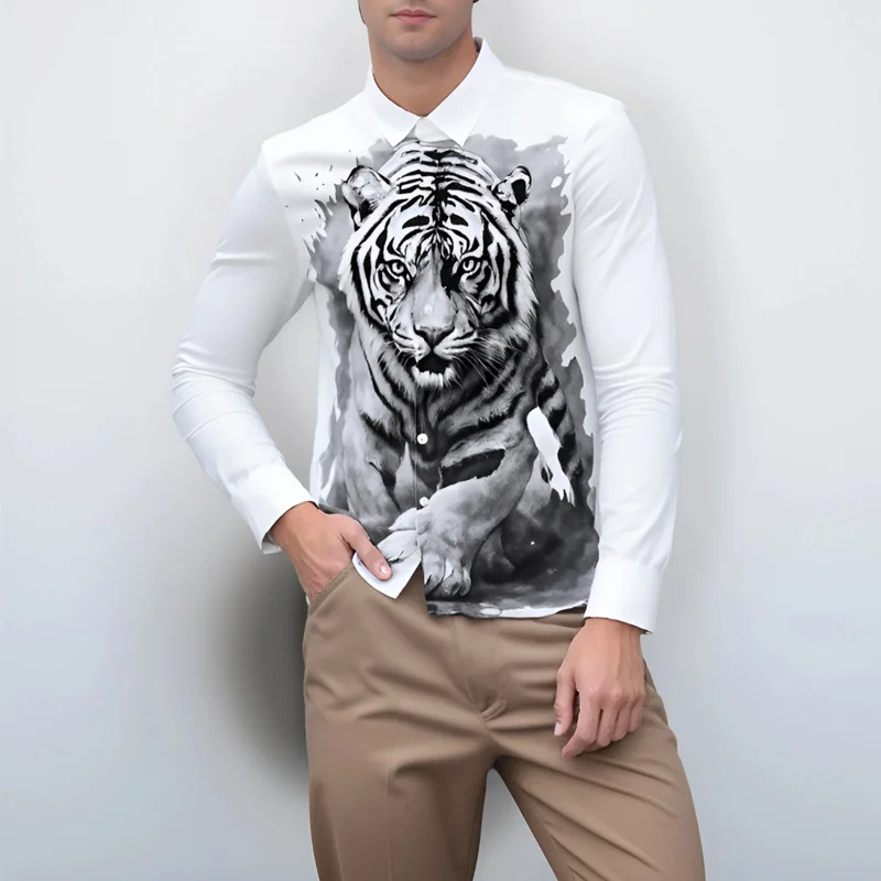 

Роскошная мужская рубашка с длинным рукавом и тигровым принтом, с деталями из стразов, удобная, эластичная, не требующая глажки, повседневная рубашка