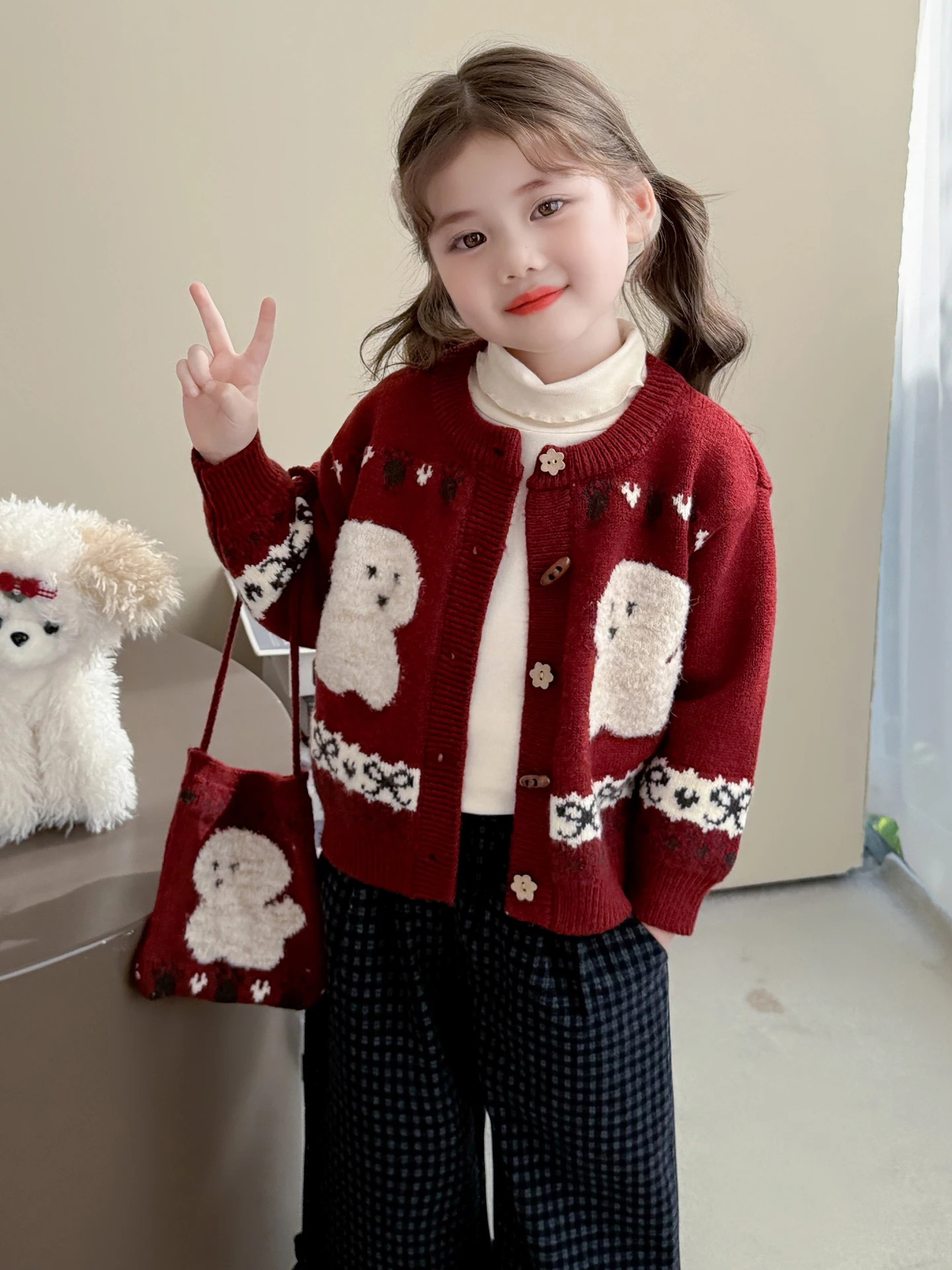 Korean Sle Girls Knitted Cardigan Sweater Cartoon Print Autumn Winter Warm Outerwear Baby Coat Trendy Children's Faion