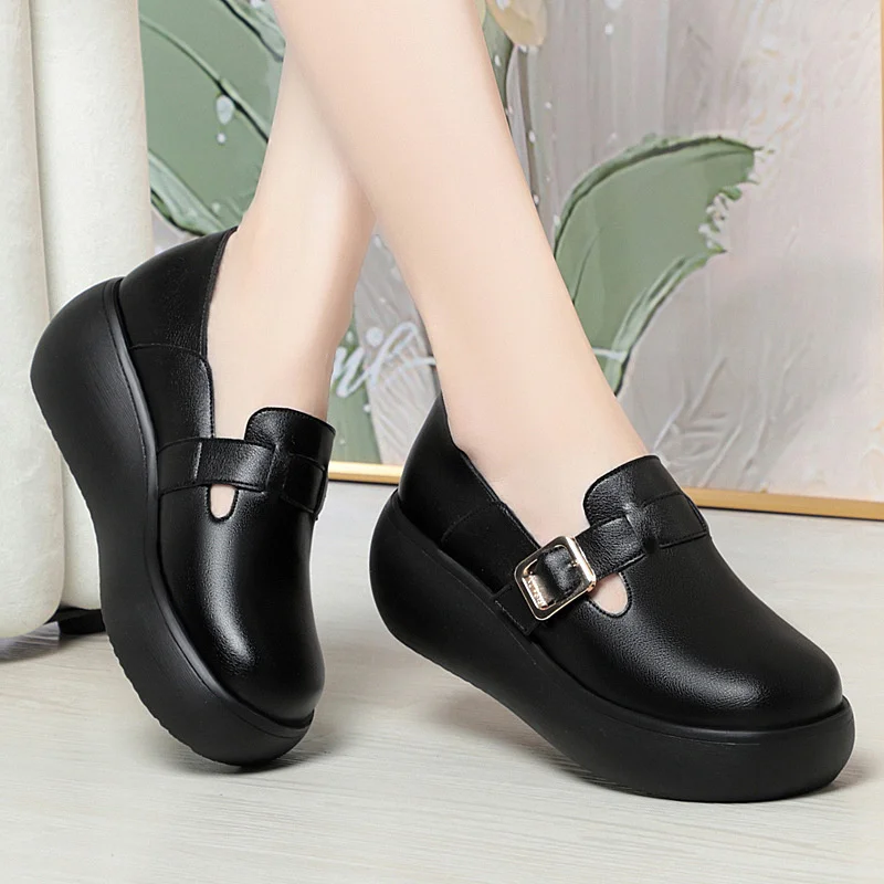 Spring Autumn New Fashion Casual Popular High Soft Bottom Leather Women's Round Toe Wedge Thick sole Anti-slip Single Shoes