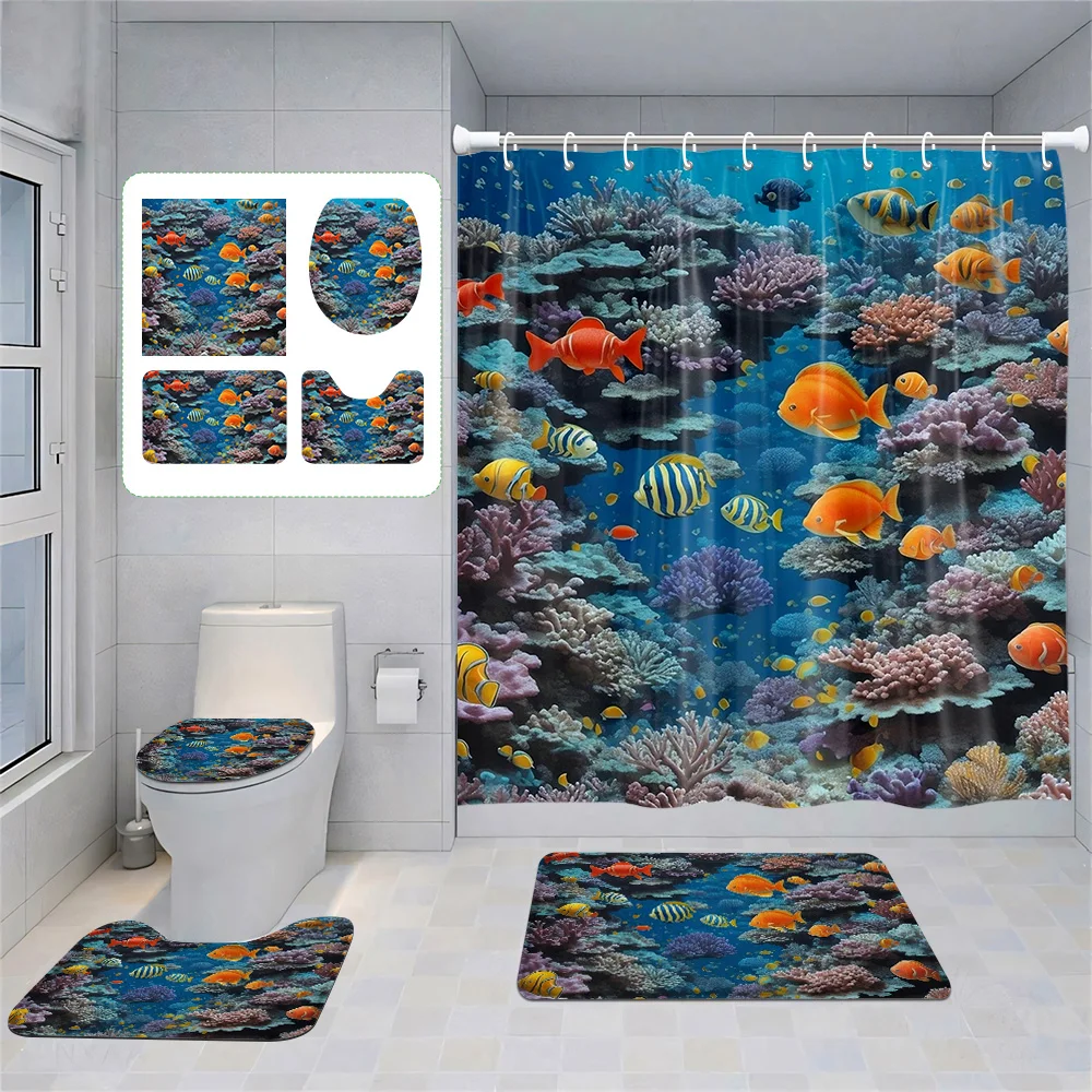 

Тропическая рыба, коралл, водонепроницаемая занавеска для душа, декоративная занавеска для ванной комнаты, синий, оранжевый, желтый, коврик с морской жизнью, костюм для ванной комнаты