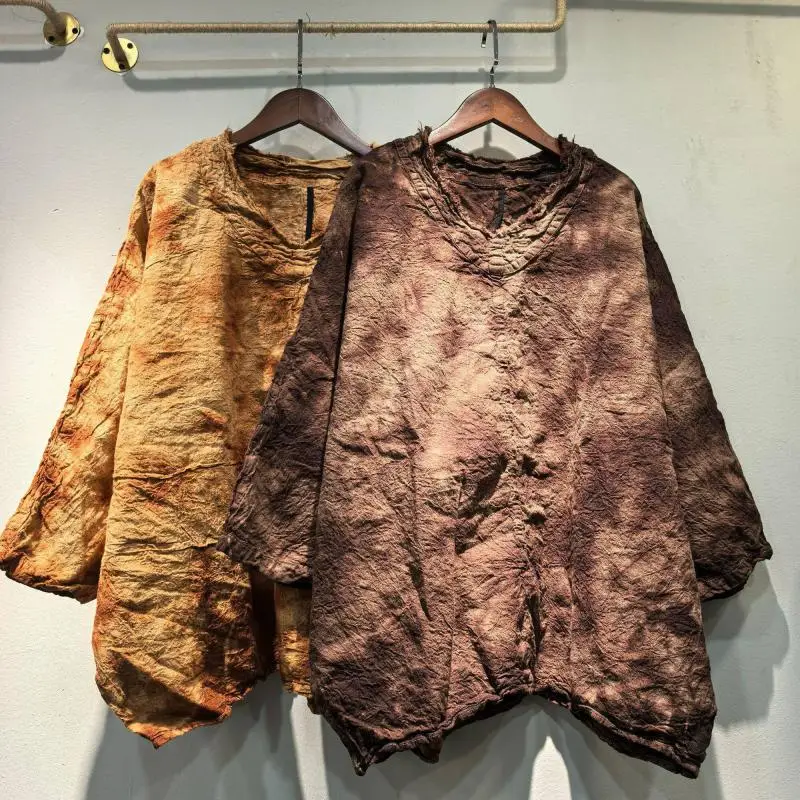 

2026 New Spring Summer Arts Style Women 3/4 Sleeve V-neck Loose Casual Tops Tees Vintage Tie Dye Cotton Linen Tshirt Femme Tops