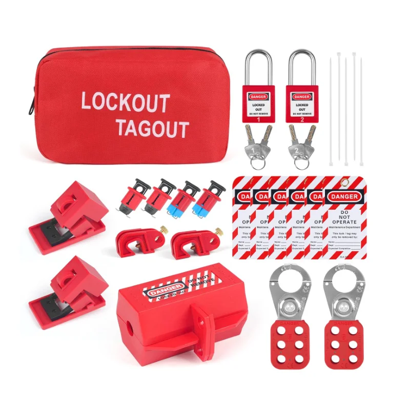 Red Set Electrical Lockout Tagout Kits Safety Hasp Latch Warning Tags Circuit Breaker Loto Locks Nylon Ties with Pocket Bag