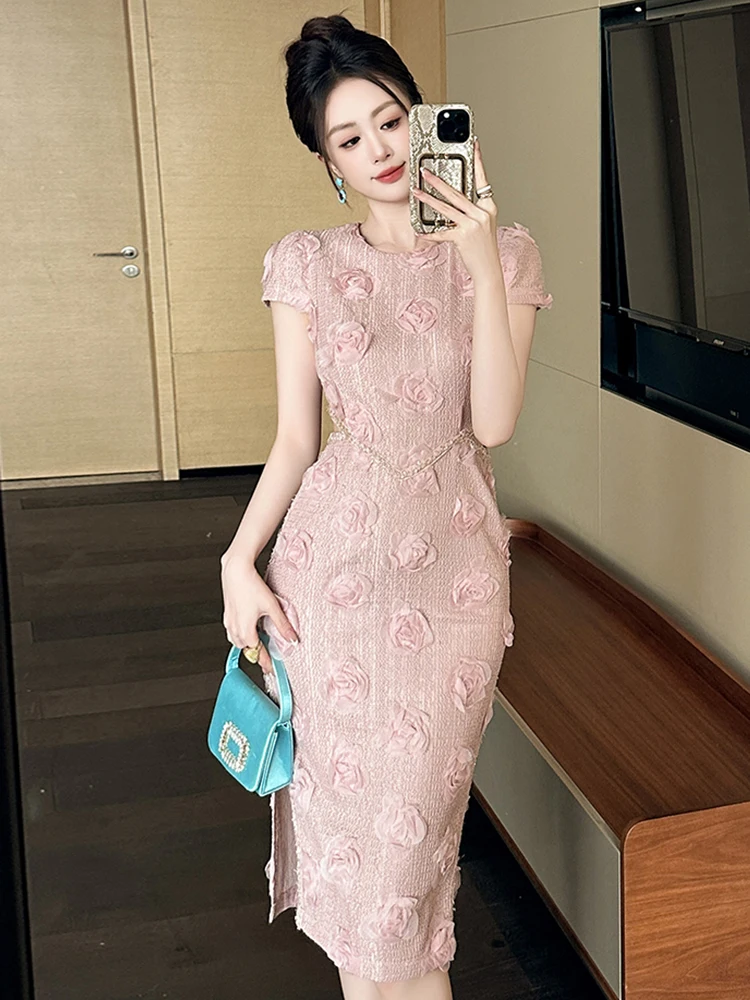 New Knitted Sweet Floral Evening Dress Women Clothes Elegant Sexy Hollow O-Neck Short Sleeve Skinny Midi Party Birthday Vestidos