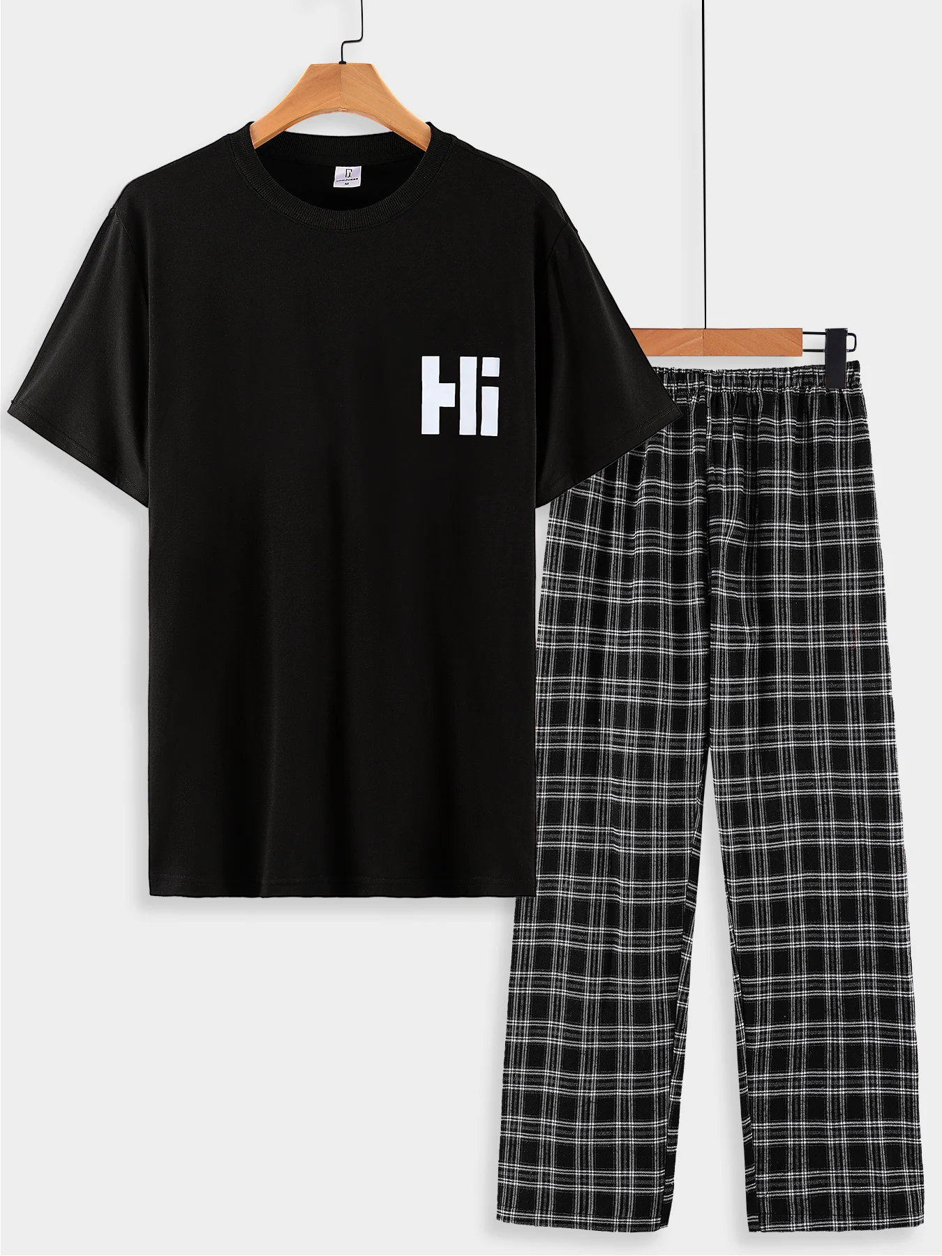 

Men's Casual Home Outfit, Short Sleeve Tee & Elastic Waist Plaid Trousers