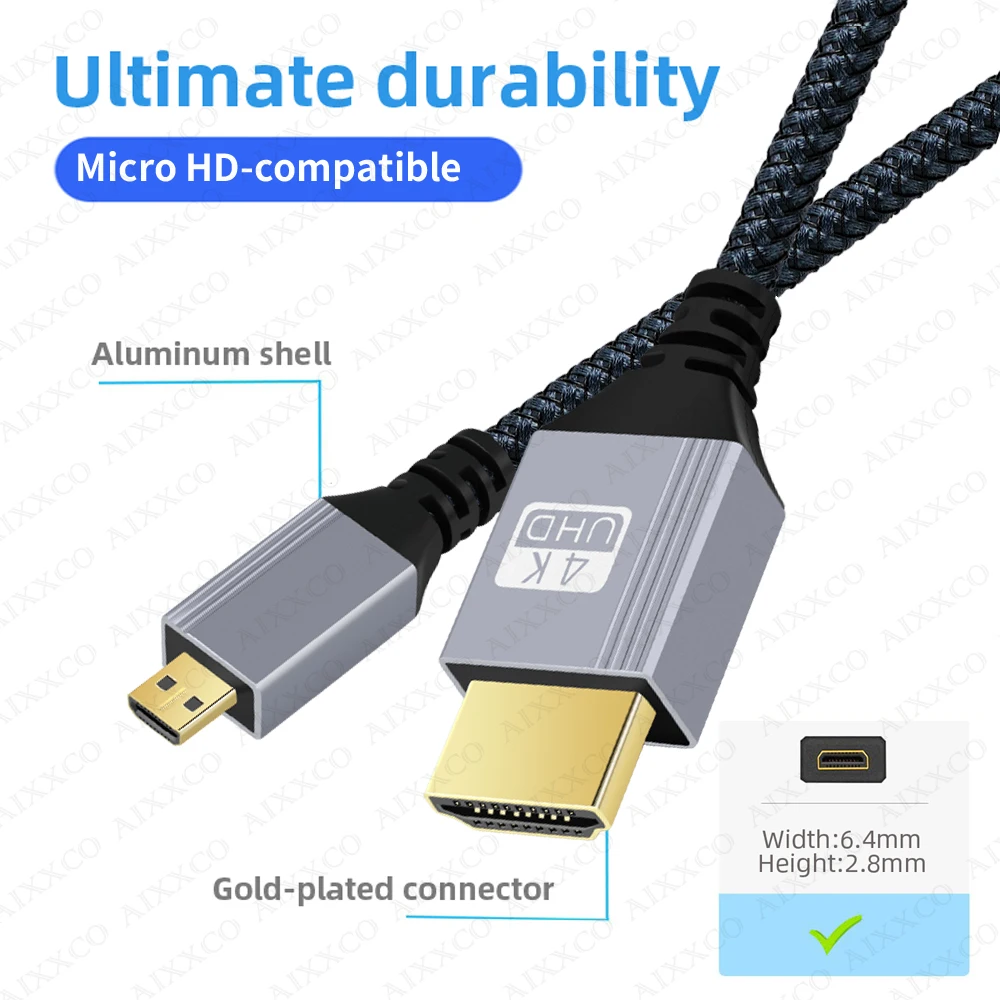 AIXXCO kabel kompatibel dengan HDMI, 1m 1.5m 2m 3m Kompatibel mikro 4K/60Hz 3D ke HDMI Male ke Male untuk proyektor GoPro Sony