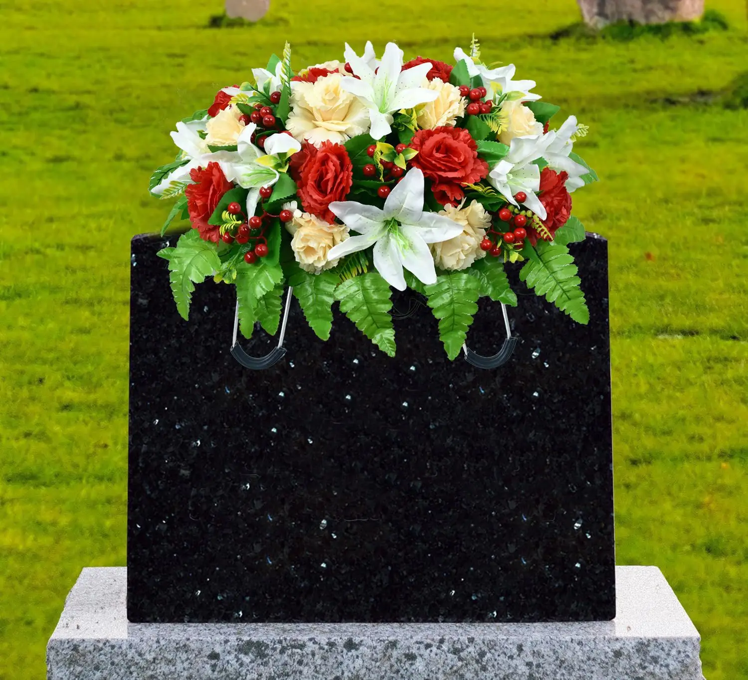 Outdoor Cemetery Floral Saddle with UV Protection Silk Flowers White Lilies Red Roses Cream Carnations Red Berries 19.69x11.81in