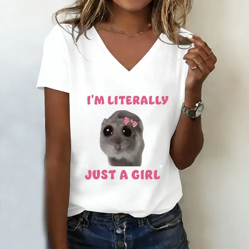 Funny I Am Literally Just A Girl Sad Hamster T-shirt V Neck Casual Y2k T Shirts Women Short Sleeve Tee Shirt V-Neck Summer