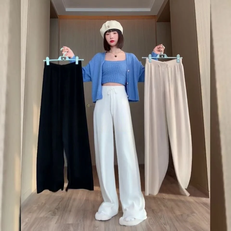 

Women High Waist Straight Pants Knitted Drawstring Wide Leg Korean Fashion Casual Autumn Winter Warm Harajuku Trousers R73