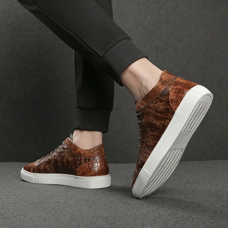 Luxury Retro Brown Men\'s High Top Shoes Lace-up Crocodile Leather Sneakers Man Flat Non-slip Men Vulcanized Shoes Big Size 47