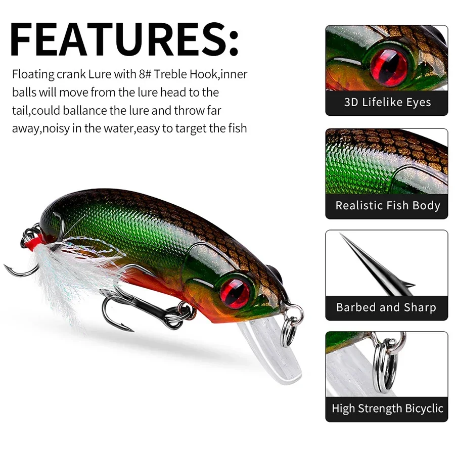 1Pcs Crankbait 6.2cm/10g Floating Hard Wobbler Bait Accessories Of Fishing Tool  9 Colours Topwater Bait Tail with feathers Hook