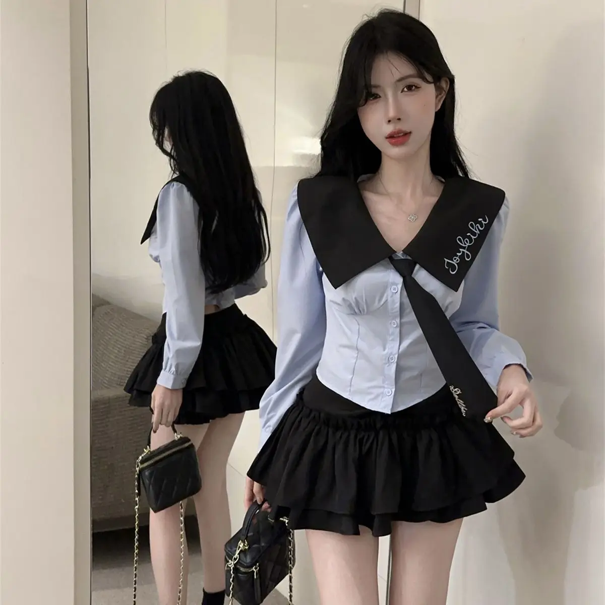 Korean Version of Sweet and Spicy College Style JK Uniform Set Long Sleeved Tie High Waisted Cake Pants Skirt Two-piece Shirts