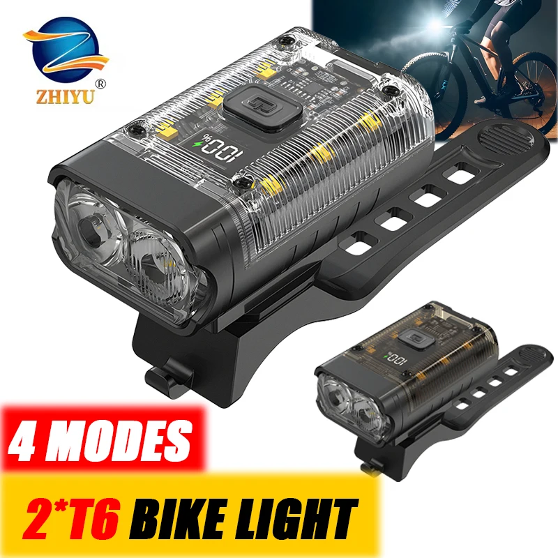 

T6 LED Bicycle Front Lamp Rechargeable Bike Headlight Power Display Bicycle Flashlight 4 Modes Cycling Lights 360 Rotation Base
