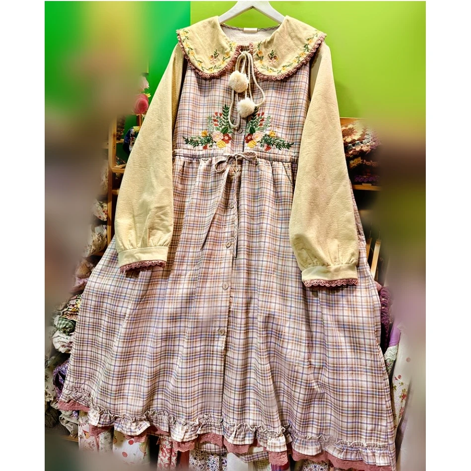 

Winter Fleece Corduroy Patchwork Plaid Vintage Midi Dress Women Vintage Mori Girl Cute Sweet Lolita Pom Pom Korean Long Dress