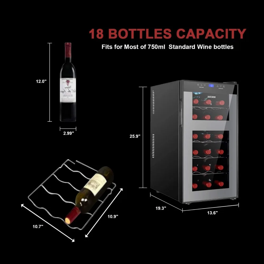 Nevera de doble zona para vino, Enfriador de 18 botellas, zona superior 46f-54f, zona inferior 54f-65f