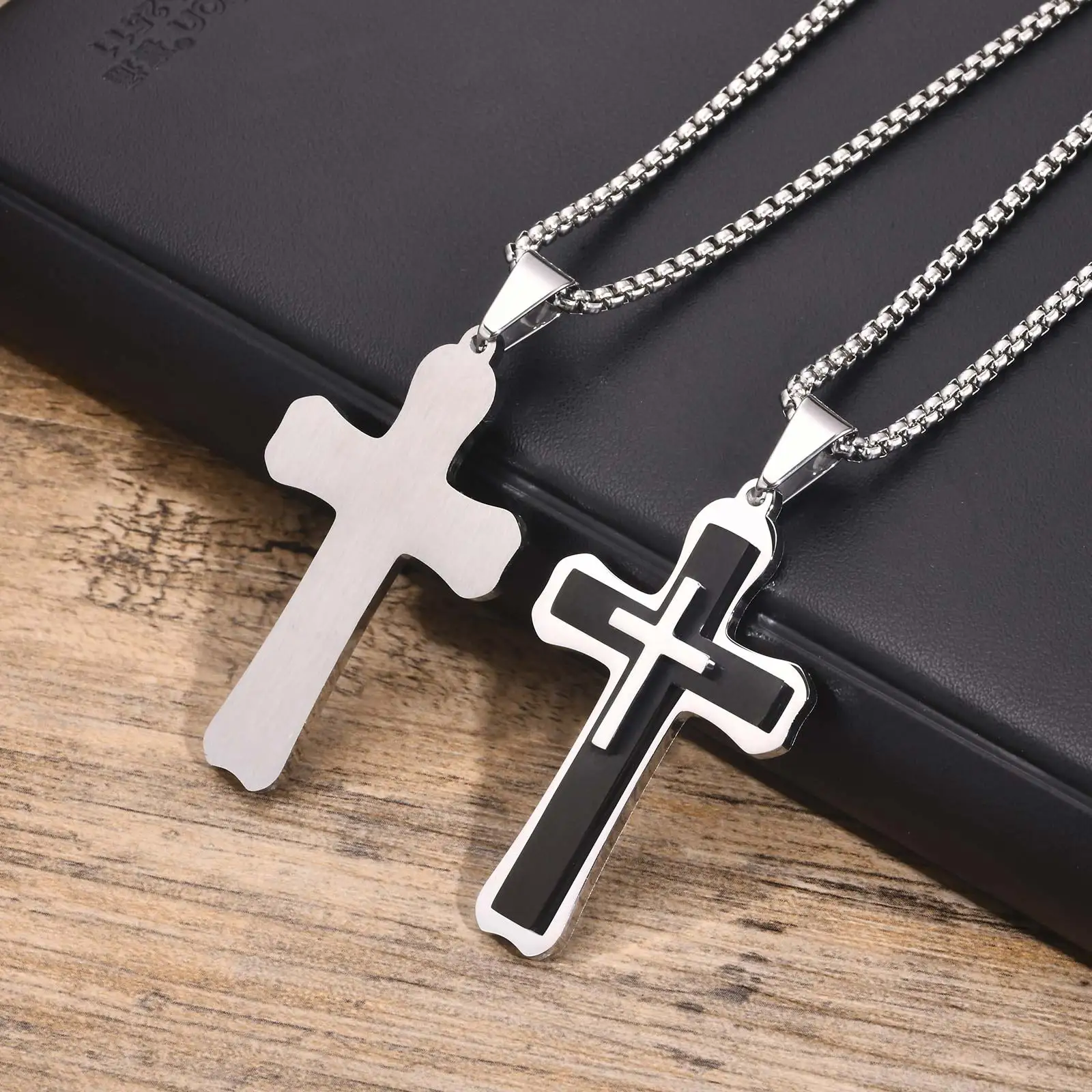 Vnox Chunky Heavy Mens Cross Necklaces, 3 Layers Cross Pendant with Box Chain, Christian Religious Faith Prayer Jewelry Gift