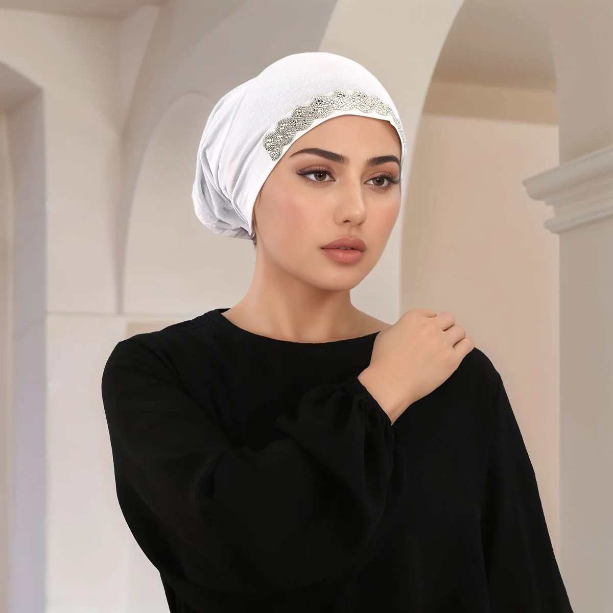 

Модная внутренняя шапка-хиджаб с бриллиантами, мусульманская эластичная шапка-тюрбан, исламский нижний шарф, шляпа, женская повязка на голову, шапка-труба, Turbante Mujer