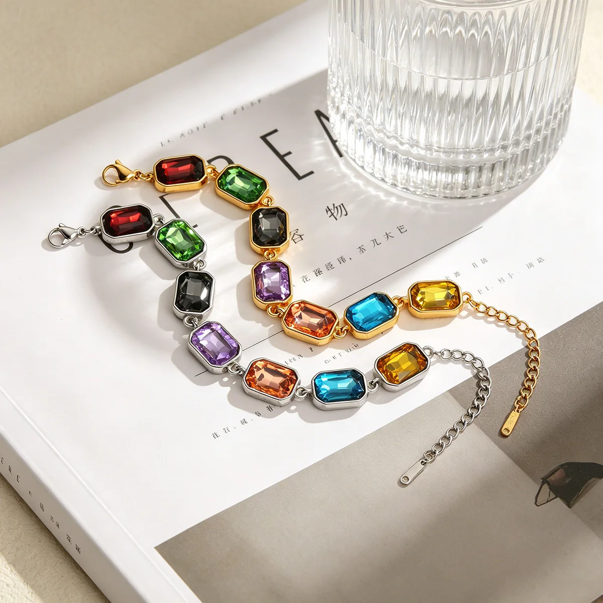 Exquisite Elegant Rectangle Multi-Color Crystal Linked Metal Bracelet Vintage Rainbow Rhinestone Wrist Jewelry Gift for Women