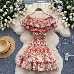 Sexy two Pieces Sets Chic slash neck cut out embroidery ruffle crop Top with High Waist Hip Wrap summer sweet Full Skirt