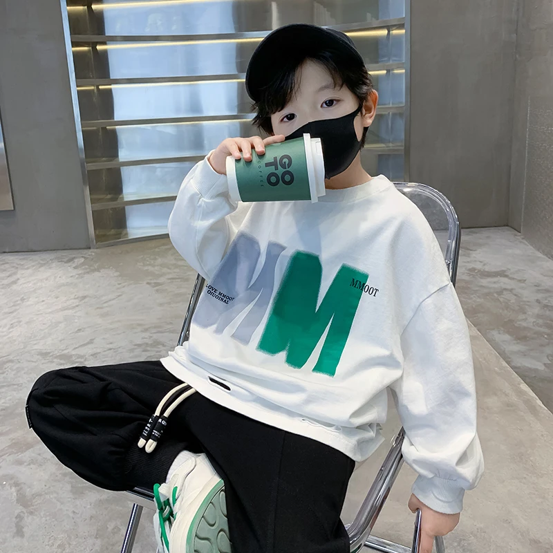 Kids Fashion Casual Broken Sweatshirt T-shirt with Holes for Tween Boys Long Sleeve y2k Autumn  Tshirt Children School Clothing