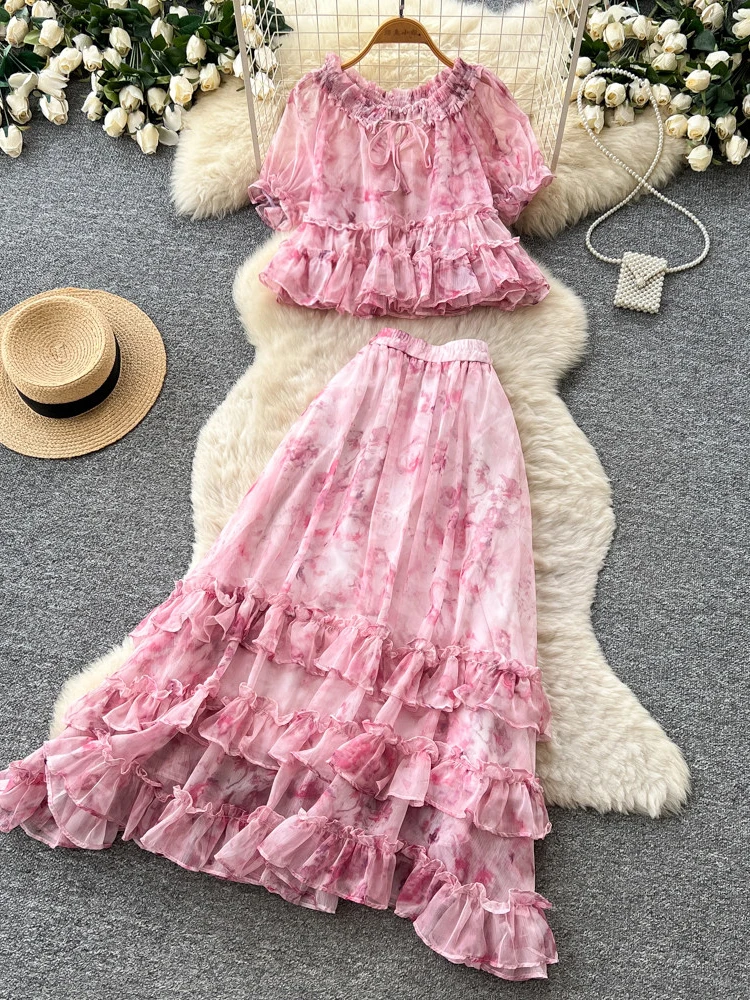 Französisches Bedrucktes Chiffon-Zweiteiler-Set für Damen Sommerurlaub Gerüschtes Halbkörper-Tüllrock-Set Y53