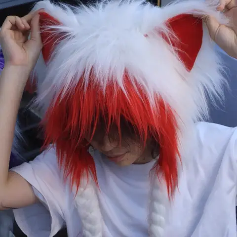동물 모피 Fursuit 고양이 귀 모자 하위 문화 중립 솜털 모자 Y2K 멋진 플러시 따뜻한 헤드 피스 모자 할로윈 코스프레 소품
