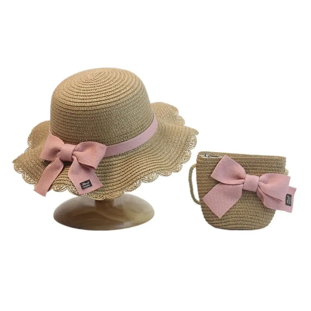 Children Straw Hat and Shoulder Bag Girls Summer Outdoor Beach Cap Cute Bow Travel Beach Sun Hat Crossbody Bag