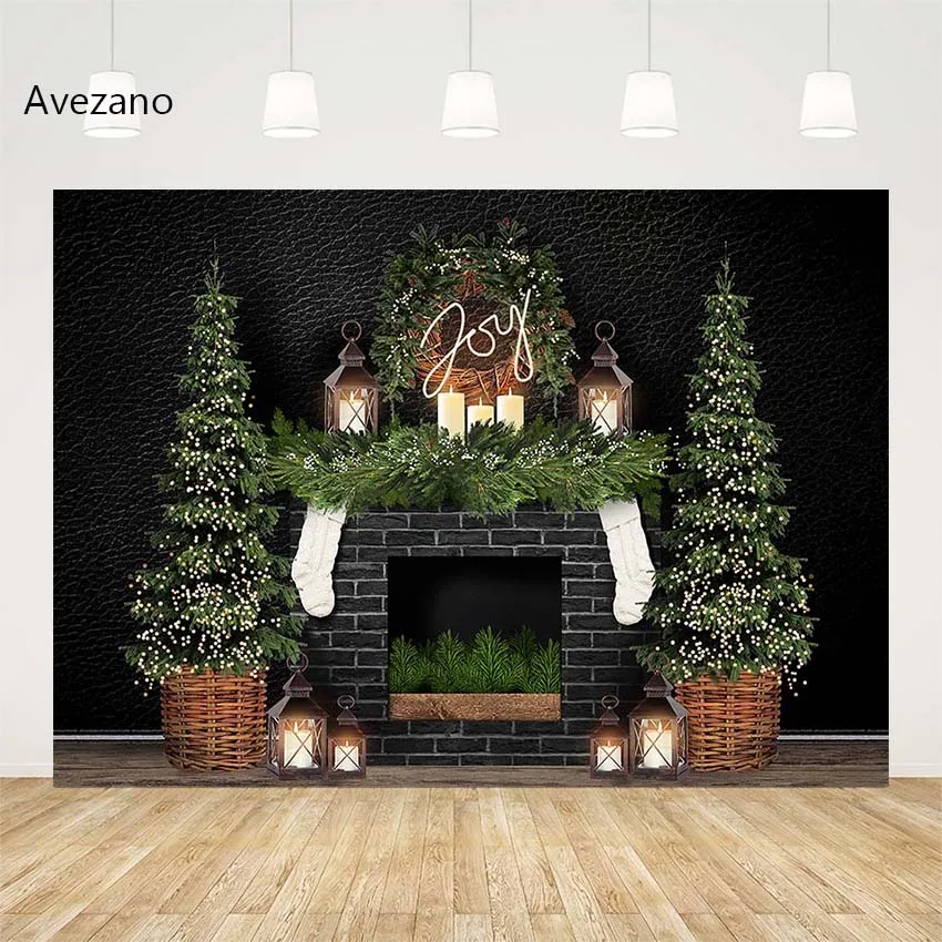 

Christmas Backdrops for Photography Pine Tree Fireplace Sock Wreath Family Holiday Decor Kids Portrait Background Photoshoot