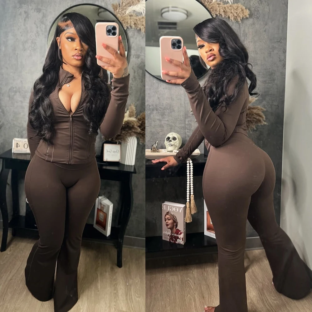 Fall 2024 Women Clothes Two Piece Flared Pants Tracksuits Set Casual Gym Active Wear 2 Piece Set Lounge Womens Matching Sets 