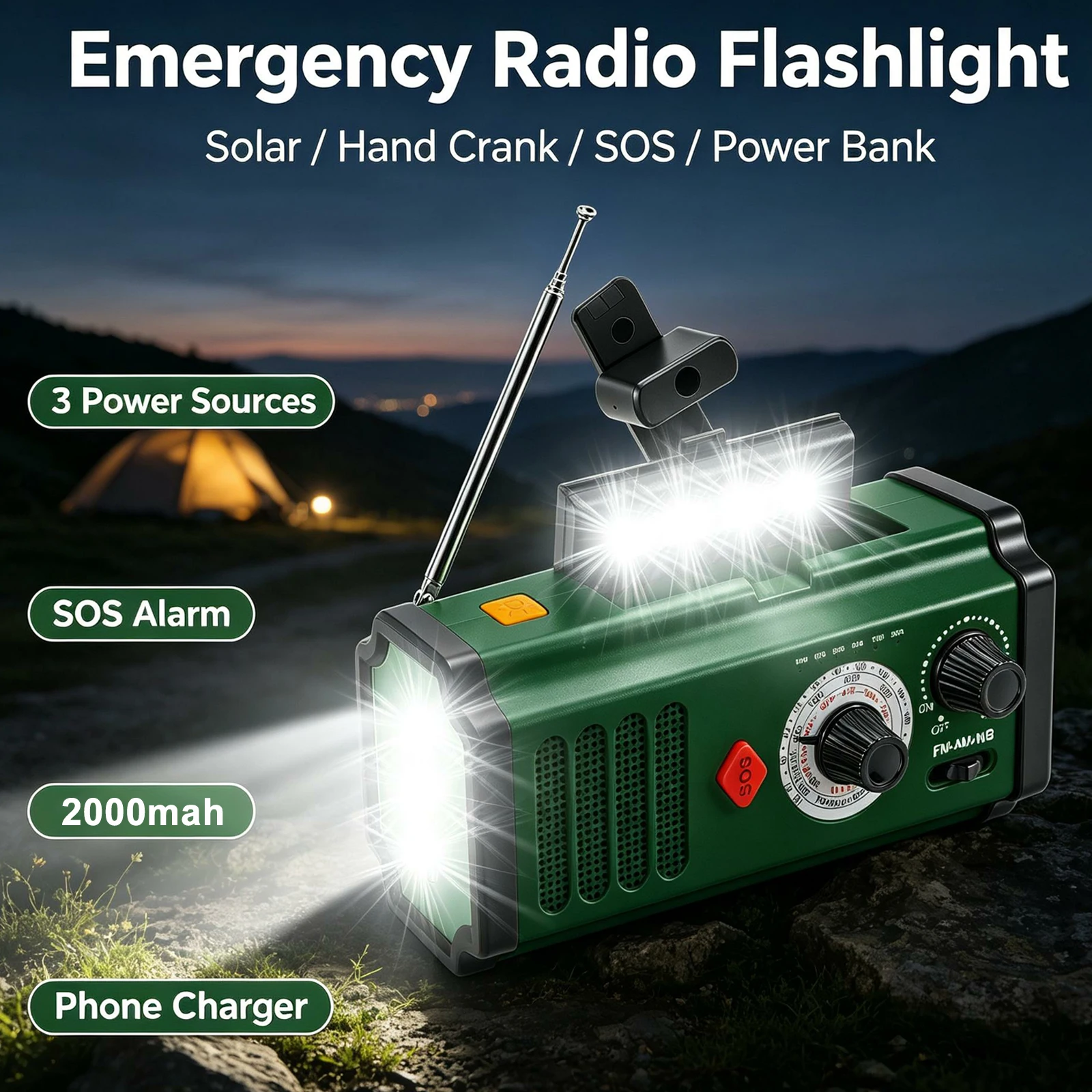 Emergency Radio Solar - ポータブル緊急気象ラジオ ソーラー手回し式FM/AM/WBラジオ SOSアラーム付き 懐中電灯 読書灯 モバイルバッテリー